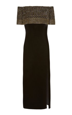 Bead Embellished Velvet Off-The-Shoulder Midi Dress by J. Mendel | Moda Operandi