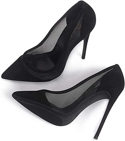Amazon.com | GENSHUO Women Fashion 12cm/4.72 Inch Pointed Toe High Heel Pumps Sexy Slip On Stiletto Heels Party Shoes Black Mesh 12CM-BK-10 | Pumps