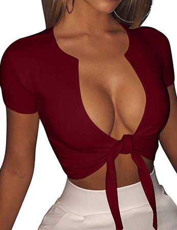 BORIFLORS Women's Sexy Tie Up Crop Top Short Sleeve Deep V Neck Casual Basic T Shirt at Amazon Women’s Clothing store