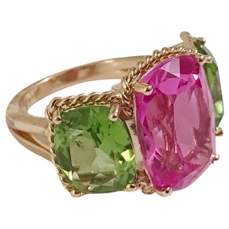 Elegant Three-Stone Hot Pink Topaz and Peridot Ring