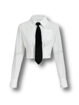 white button up blouse cropped cinched waist top uniform black tie shirts