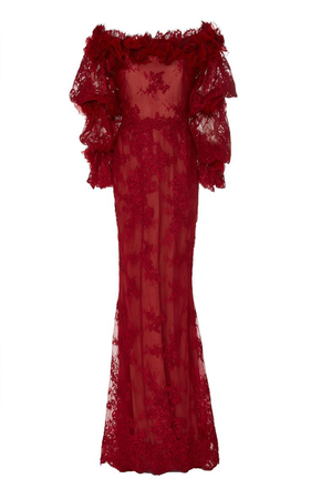 Marchesa red lace evening gown