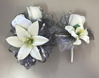 silver corsage and boutonniere - Google Search