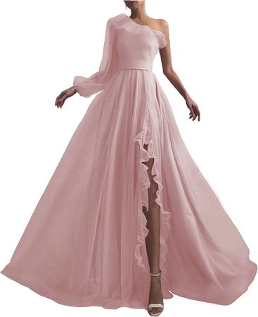 Amazon.com: Women's Puffy Sleeve Prom Dress with Silt Tulle One Shoulder Formal Dress Long Ruffled A Line Evening Gown : Clothing, Shoes & Jewelry