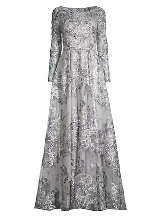 Shop Mac Duggal Metallic Sequin Floral Embroidery A-Line Gown | Saks Fifth Avenue