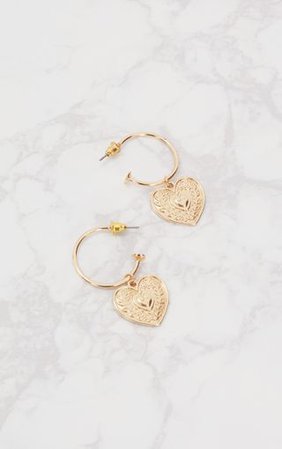 Gold Heart Drop Hoop Earrings | Accessories | PrettyLittleThing USA