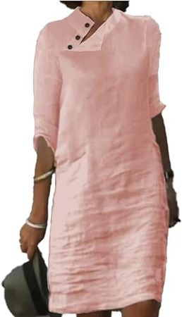Womens Summer Cotton Linen Midi Dress Length Loose Stand Collar Half Sleeve Button Dress Knee Length Linen Shift Dress at Amazon Women’s Clothing store