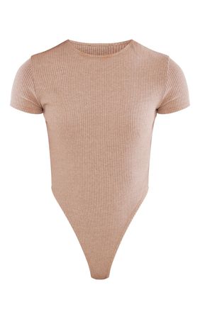 Chocolate Marl Rib Short Sleeve T Shirt Bodysuit | PrettyLittleThing USA
