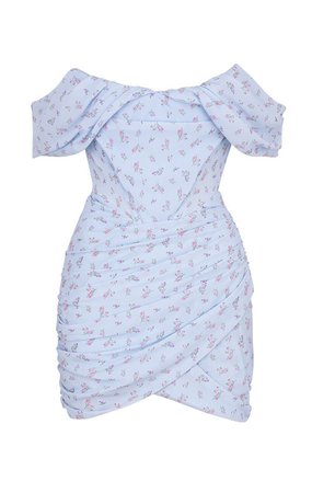 Clothing : Bodycon Dresses : 'Luna' Blue Floral Draped Corset Mini Dress