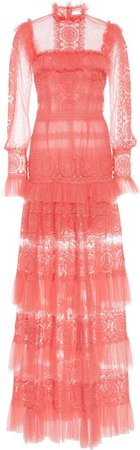 Ruffled Mockneck Layered Embroidered Tulle Gown