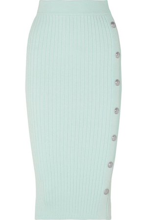 Balmain | Button-embellished ribbed stretch-knit midi skirt | NET-A-PORTER.COM