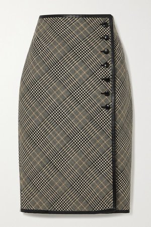 Leather-trimmed Prince Of Wales Checked Wool Skirt - Beige