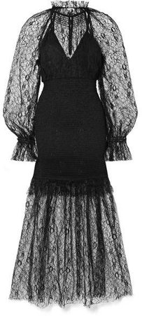 After Dark Shirred Corded Lace Midi Dress - Black