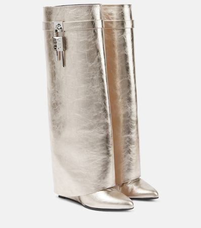 Shark Lock Metallic Leather Knee High Boots in Gold - Givenchy | Mytheresa