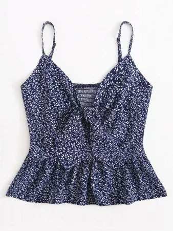 Ditsy Floral Print Tie Front Shirred Back Peplum Cami Top | SHEIN USA blue