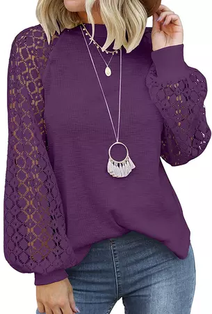 DOROSE Women's Puff Long Sleeve Tops Casual Loose Blouse Shirts (07 Purple, Large) at Amazon Women’s Clothing store