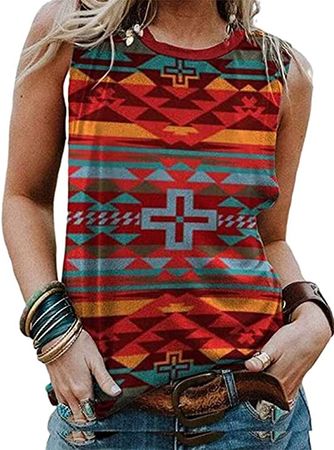 Womens Western Tank Top Causal Summer Sleeveless Aztec Shirts Vintage Loose Fit Western Shirts(O,L) at Amazon Women’s Clothing store