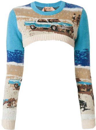 super cropped blue and cream landscape car sweater