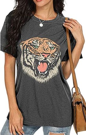 Womens Graphic T-Shirt Summer Tiger Printed Tee Short Sleeve Crewneck Tees Summer Casual Shirt Tops Gray at Amazon Women’s Clothing store