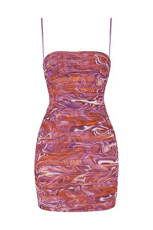 Clothing : Bodycon Dresses : 'Ella' Purple Swirl Ruched Organza Mesh Mini Dress