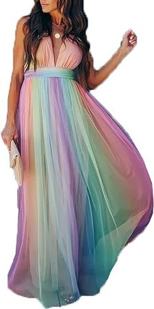Womens Beach Dresses Summer Rainbow Spaghetti Straps V-Neck Flared Boho Maxi Dress at Amazon Women’s Clothing store