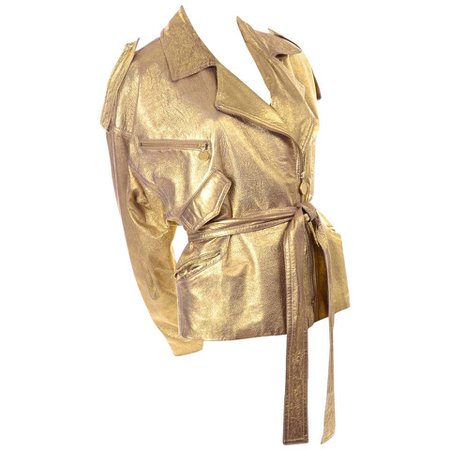 1990s Vintage Donna Karan Gold Leather Zip Front Jacket With Belt & Zippers