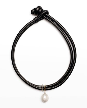Mizuki Diamond Slider and Pearl Necklace on Leather Cord