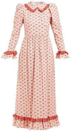 Ruffled Floral Print Cotton Midi Dress - Womens - Pink Multi