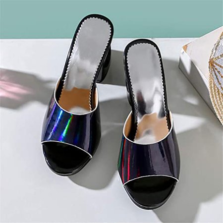 Amazon.com | Women's Peep Toe Slide Sandals Cutout Chunky Block High Heel Comfortable Slip On Mules Pumps Shoes | Heeled Sandals