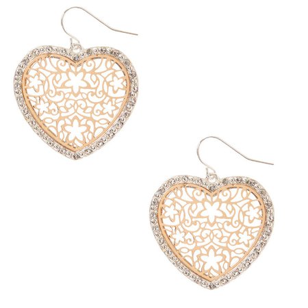 Mixed Metal Filigree Heart Drop Earrings | Claire's US