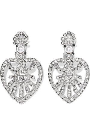 Oscar de la Renta | Heart Drop silver-plated, Swarovski crystal and faux pearl clip earrings | NET-A-PORTER.COM