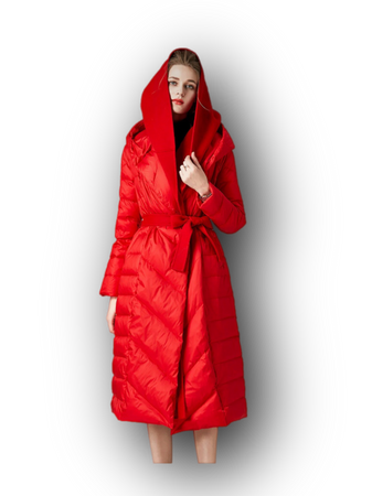 Button red Quilted Puffer Jacket with Faux Fur Hood