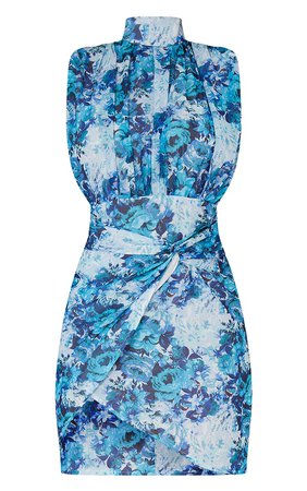 Blue Floral Print Twist Detail High Neck Bodycon Dress | PrettyLittleThing USA