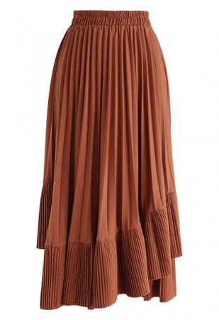 Asymmetric Hem Pleated Midi Skirt in Caramel - BOTTOMS - Retro, Indie and Unique Fashion