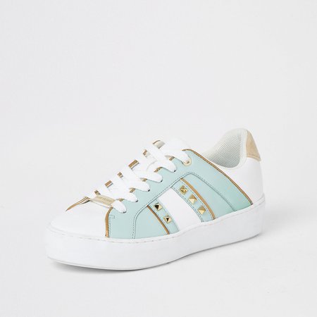Light green studded lace-up trainers | River Island
