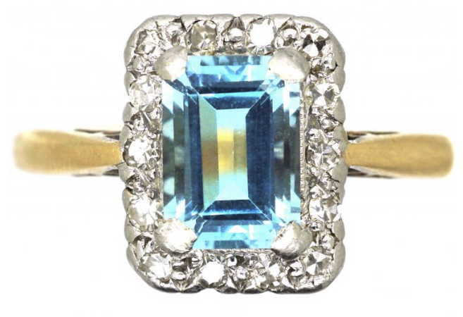 1950s Mid-Century 18ct Gold & Platinum, Aquamarine & Diamond Rectangular Ring