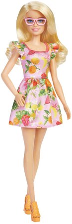 Barbie Fashionistas Doll, with Blonde Hair & Fruit Print Dress, Ruffled Sleeves, Orange Platform Heels, Pink Eyeglasses, Toy for Kids 3 to 8 Years Old : Toys & Games