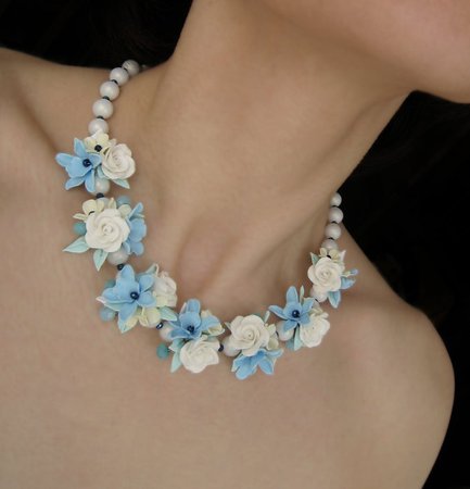 Wedding floral romantic necklace Sky blue vanilla Yellow | Etsy