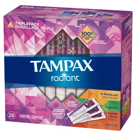 Tampax Radiant Triple Pack Regular/Super/Super Plus Absorbency Unscented Tampons - 28ct : Target