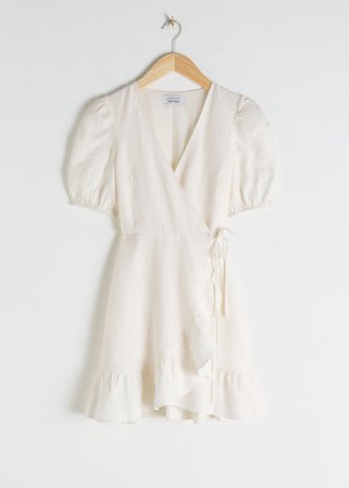 And Other Stories Puff Sleeve Linen Wrap Mini Dress - White - Mini dresses - & Other Stories