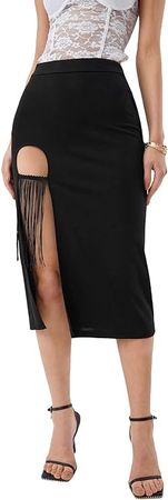 Amazon.com: Milumia Women's Fringe Trim Split Thigh Midi Skirt Zipper High Waisted Slit Skirts Black Large : Clothing, Shoes & Jewelry