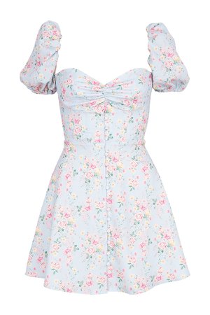 Clothing : Bodycon Dresses : 'Aria' Blue Floral Mini Fit and Flare Dress