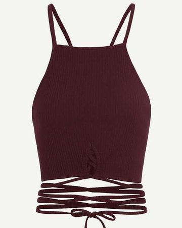 Burgundy Ribbed Lace Up Crop Cami Top
