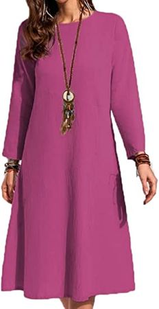 Amazon.com: Womens Casual Dresses Cotton Long Sleeve Solid Vintage Tunic A-Line Midi Dress : Clothing, Shoes & Jewelry