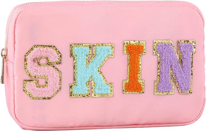Amazon.com: TINVSKQQKJ Nylon Preppy Makeup Bag Organizer Mint skin care cosmetic bag with Chenille Letter Patches Waterproof storage Preppy cosmetic Bag for girls : Beauty & Personal Care