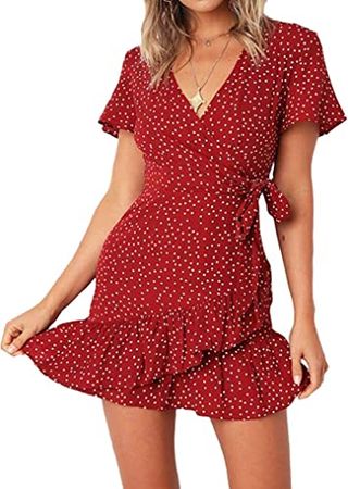 Naggoo Women's Polka Dot Printed V-Neck Cap Sleeve Short Wrap Dresses Red S at Amazon Women’s Clothing store