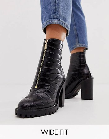 ASOS DESIGN Wide Fit Bella front zip chunky boots in black croc | ASOS