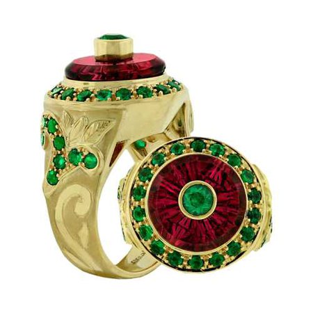 Carved Tourmaline & Emerald Ring - Farlang