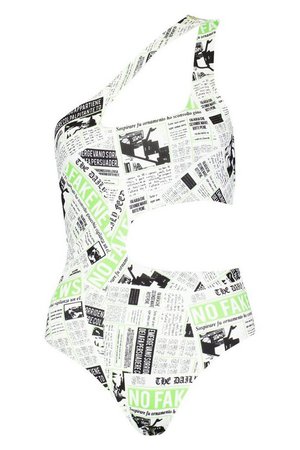Newspaper Print Asymmetric Cut Out Bodysuit | Boohoo