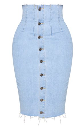 PLT Shape Light Blue Button Front Seam Detail Denim Midi Skirt